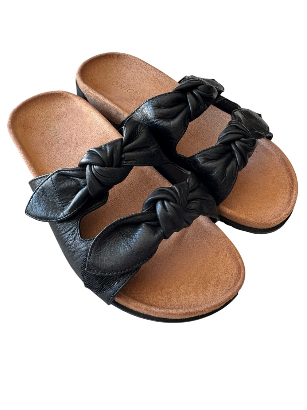 Vionic Elara Women’s Slide Sandals Size 8.5 Black Knotted Leather Straps Slip On